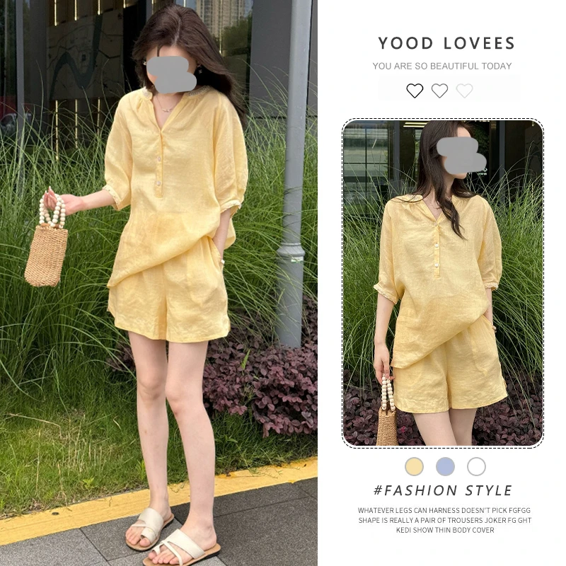 清冷松弛感穿搭套装女2025新款韩版休闲鹅黄色简约衬衫短裤两件套