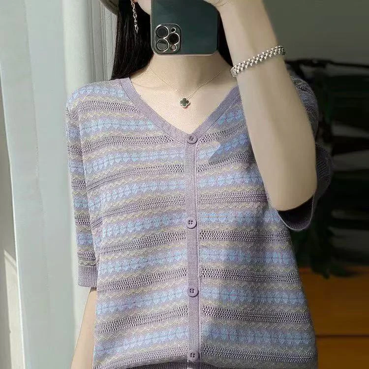 441【紫波点V领短袖】高级气质时尚针织女衫上衣针织衫条纹