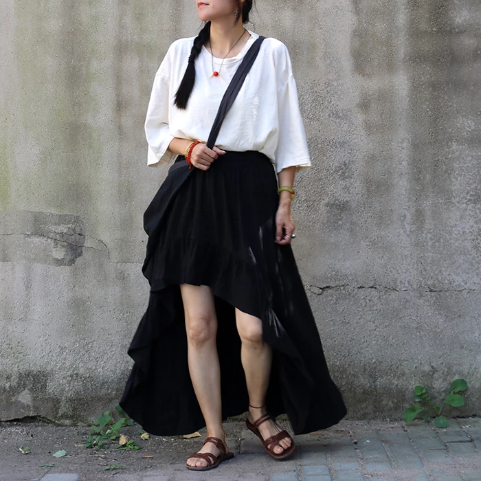 66号公路～暖丑自制植物棉绸燕尾荷叶边半身裙～宽松夏季黑色不规则