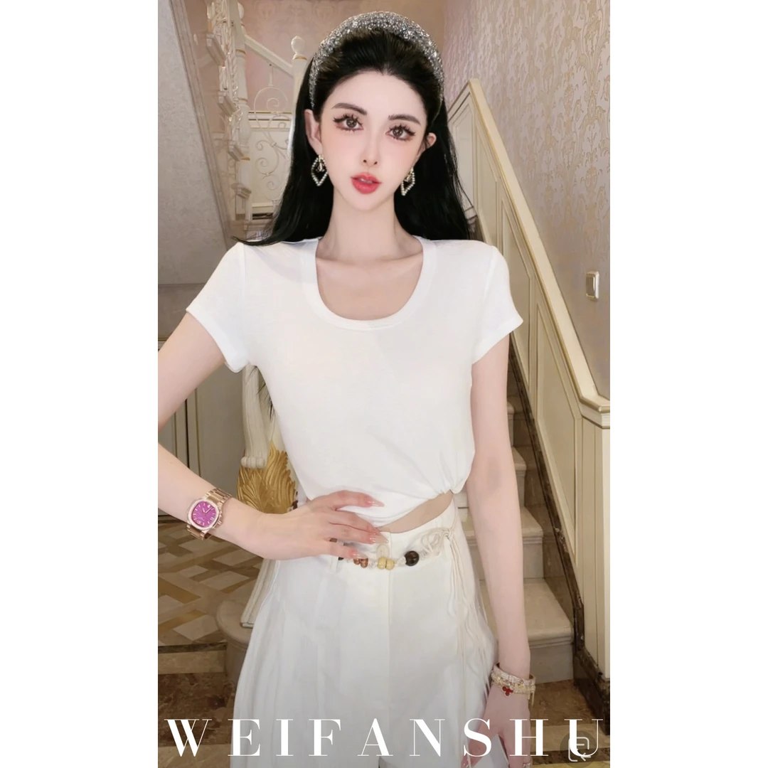 WEIFANSHU/魏凡舒【大奶T】春夏新款简约U领纯色正肩百搭T恤上衣