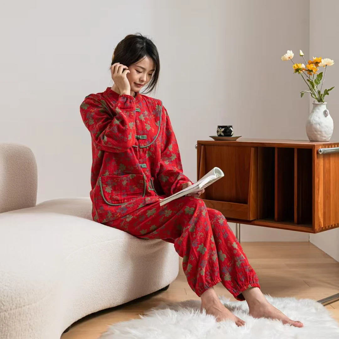 纯棉双层纱布睡衣女士春秋夏季可外穿家居服（ 100-160斤）