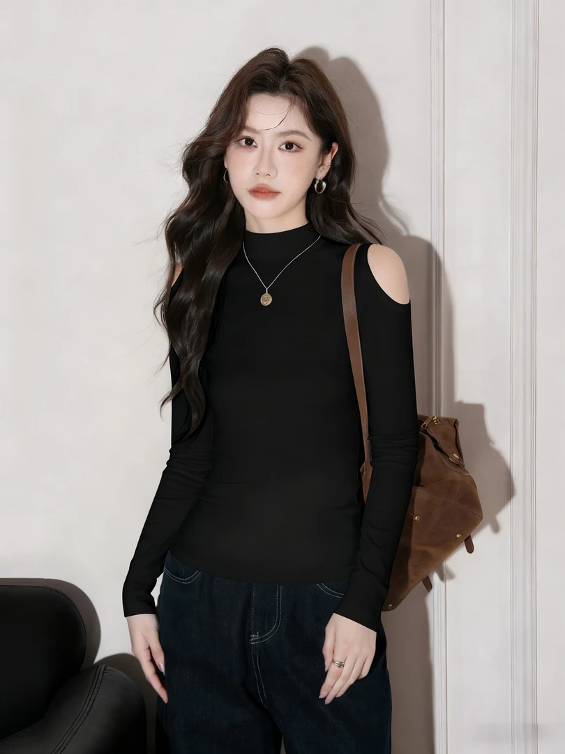 网红气质半高领打底衫女镂空秋冬洋气内搭高级感灰色修身长袖上衣