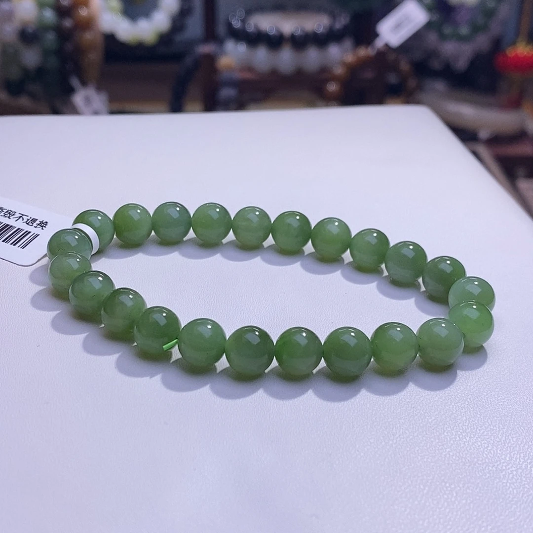 颈饰未镶嵌和田玉收藏级碧玉老矿料高冰阳绿猫眼手串8m