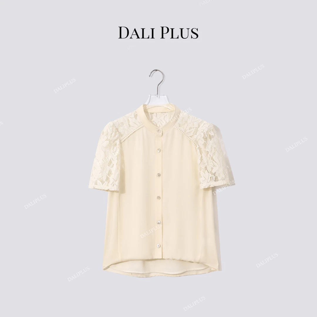 DALI PLUS“重磅真丝系列”桑蚕丝拼接蕾丝短袖衬衫-D5ST1229