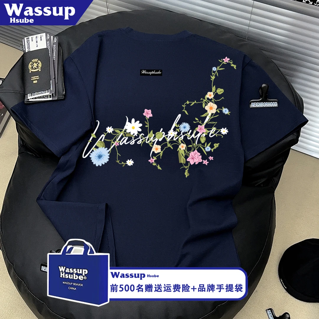 WASSUP HSUBE100%纯棉连肩花卉短袖T恤男女ins设计感潮牌情侣上衣