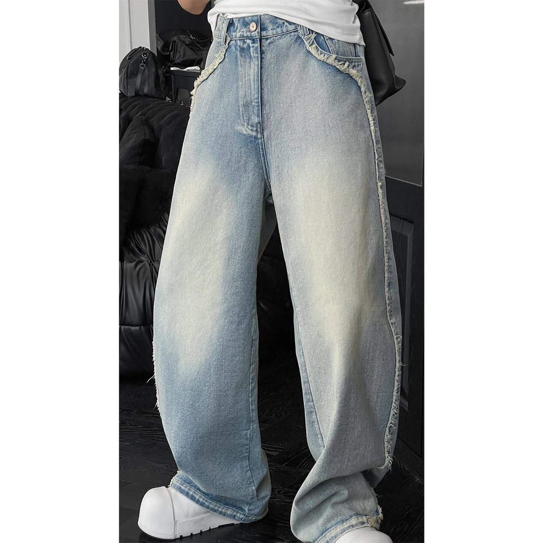 龙叨叨春夏新款潮流磨毛拼接设计感复古百搭宽松弯刀牛仔长裤