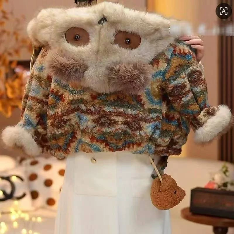 2025年新款男女童洋气卡通毛毛衣加厚外套加绒上衣连帽外套秋冬装