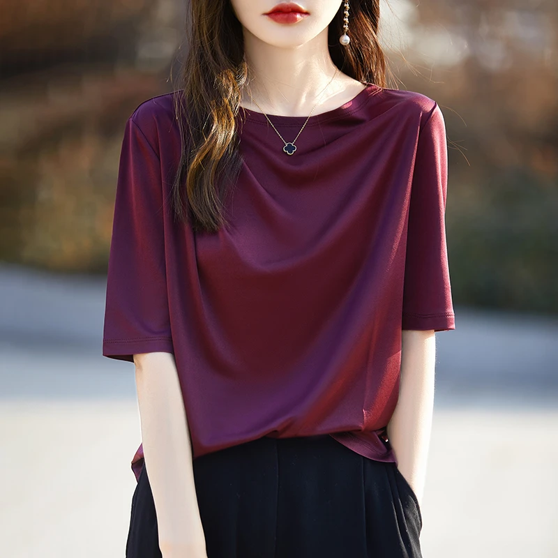 贵妇奢华感醋酸一字领短袖丝滑清凉舒适透气女士缎面感百搭上衣