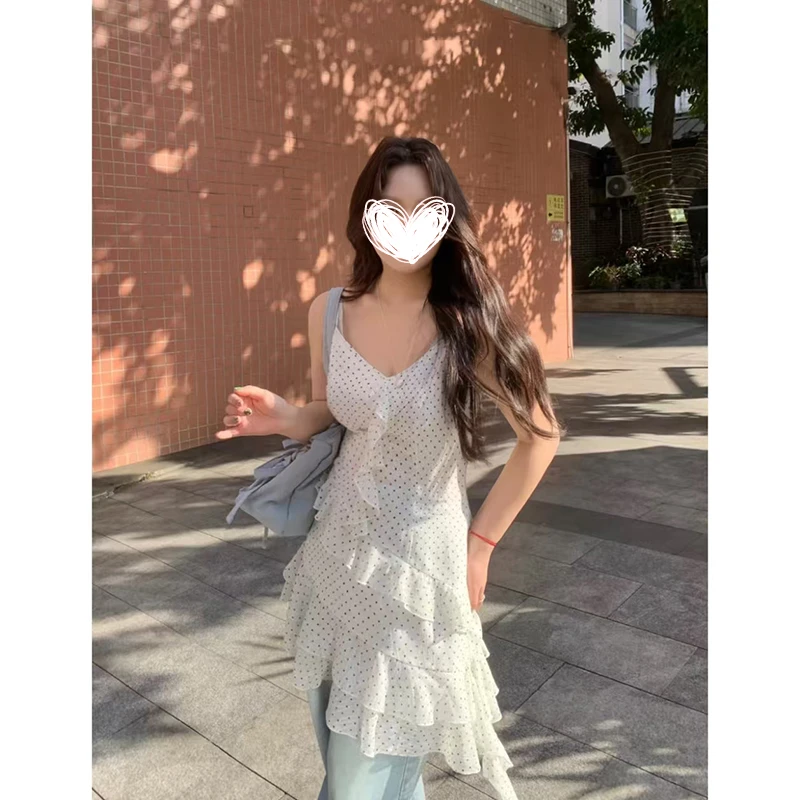 1908【心动邂逅】韩版度假风波点荷叶边吊带连衣裙毛织开衫外套套装