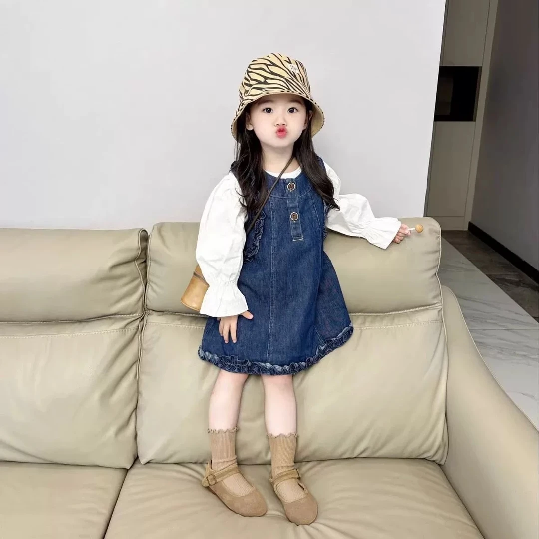 女童木耳边牛仔背心连衣裙套装2025新款儿童宝宝泡泡袖衬衫两件套