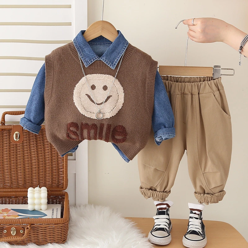 【沫沫家】男女童休闲时尚笑脸马甲衬衫三件套装宝宝春秋时髦潮酷