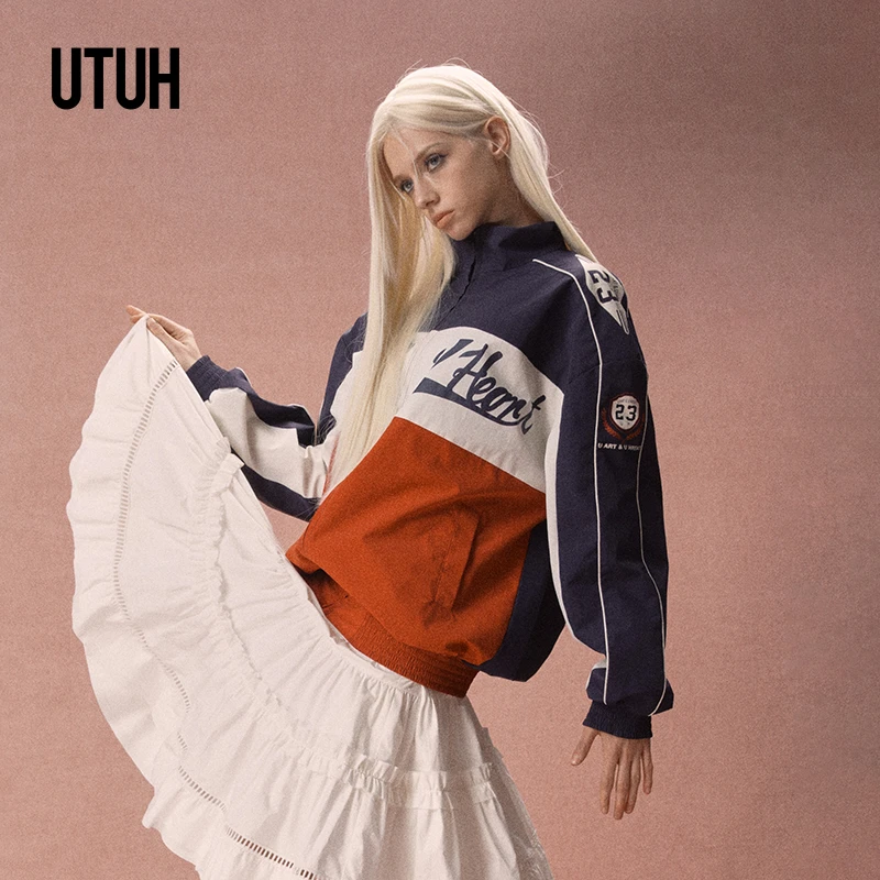 UTUH 红蓝复古宽肩设计感撞色宽松美式棒球服运动夹克 TDWWS1W006