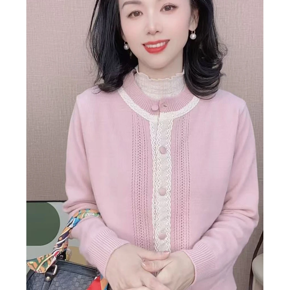 秋冬新款针织开衫 时尚气质洋气纯色花边百搭圆领长袖毛衣开衫女