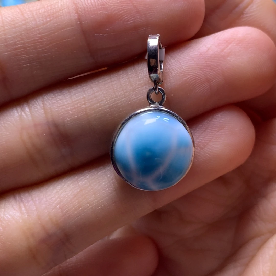 针钠钙石（海纹石）银S925镶嵌吊坠(不含链)正圆吊坠色差略异