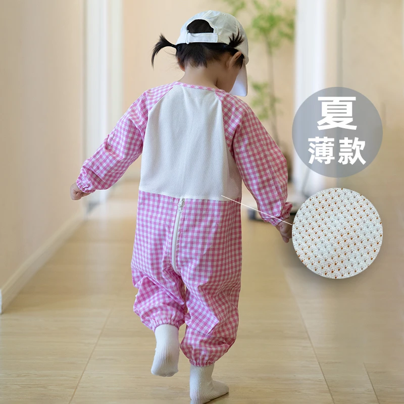 婴儿外出爬服夏季薄款纯棉透气户外防脏外穿格纹夏天宝宝爬行服