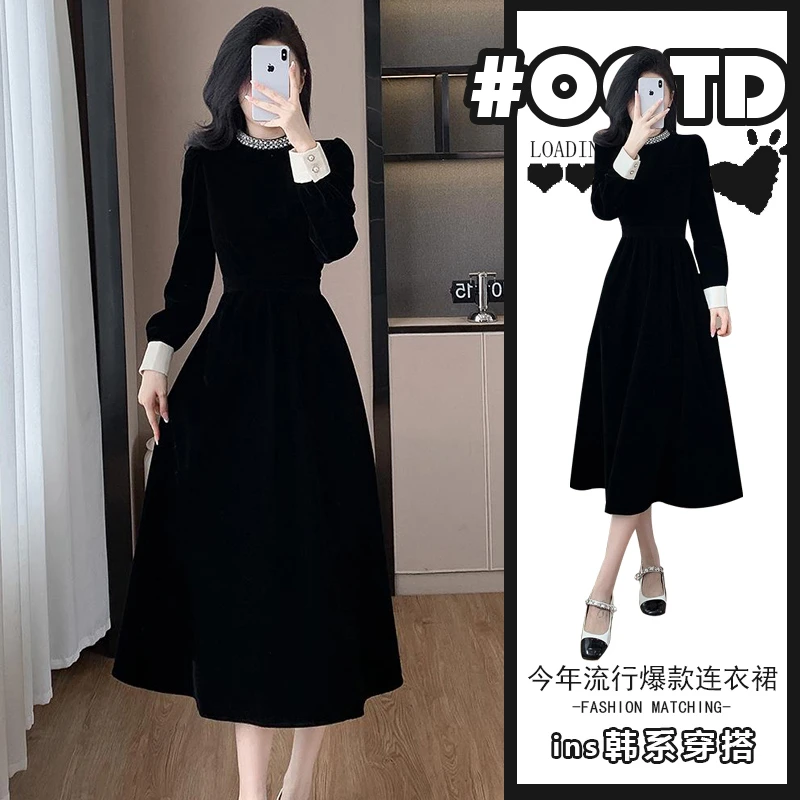高级感别致复古黑中长款连衣裙女赫本风气质显瘦减龄丝绒A字裙潮
