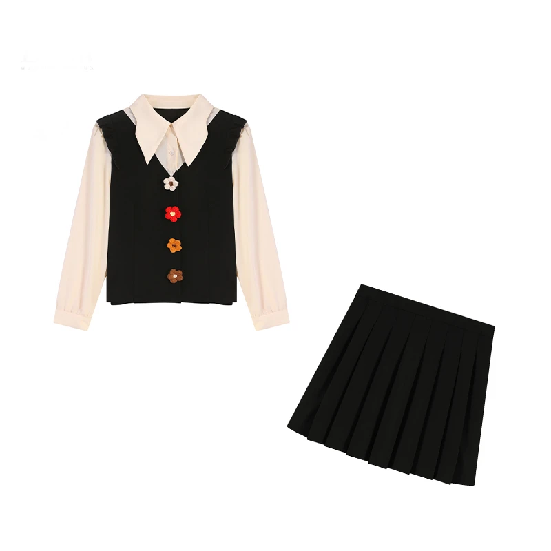 五季家时髦花花上衣显瘦半裙黑色两件套ZL98589套装