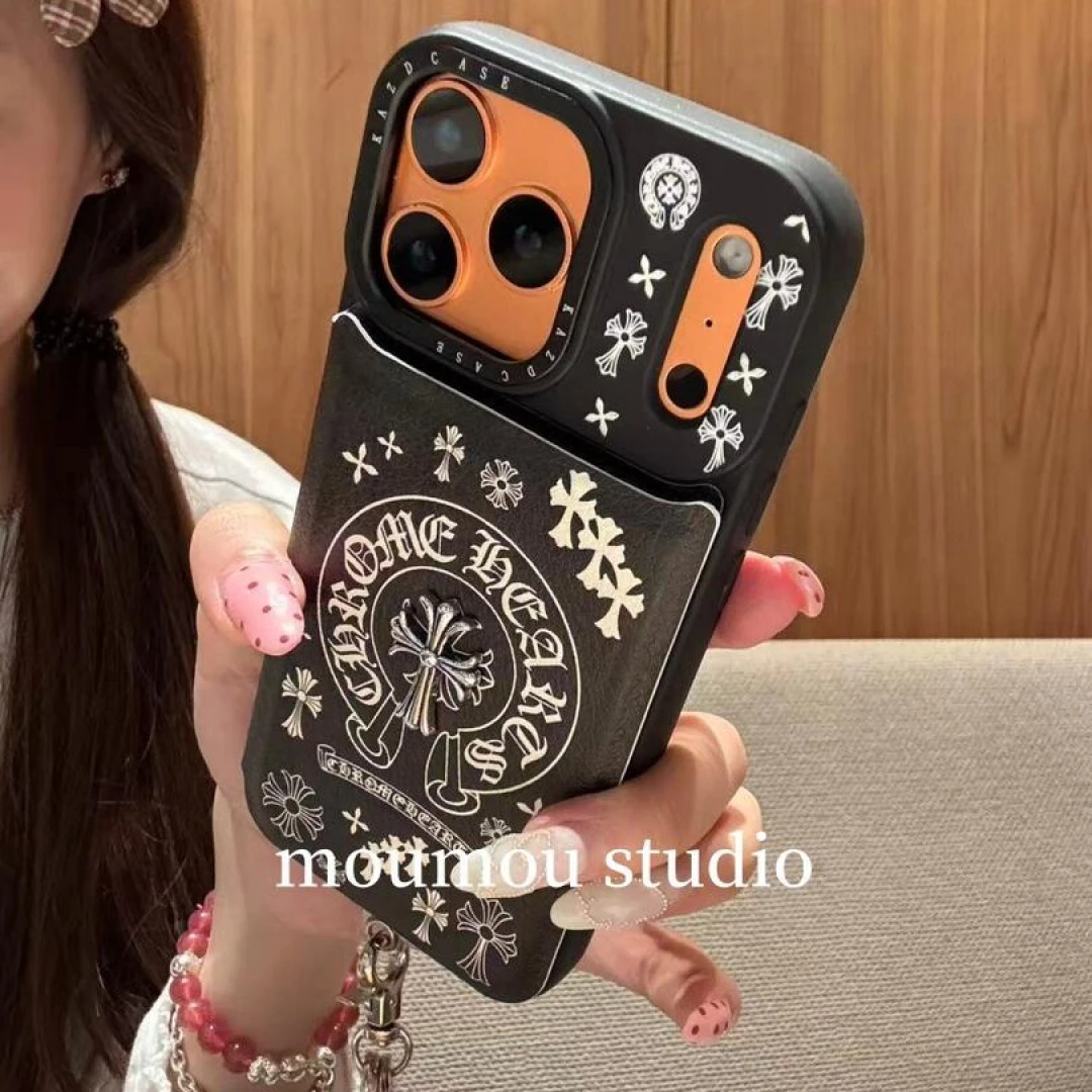 甜酷皮纹翻盖补妆镜适用苹果17promax手机壳iphone16克罗心15套14