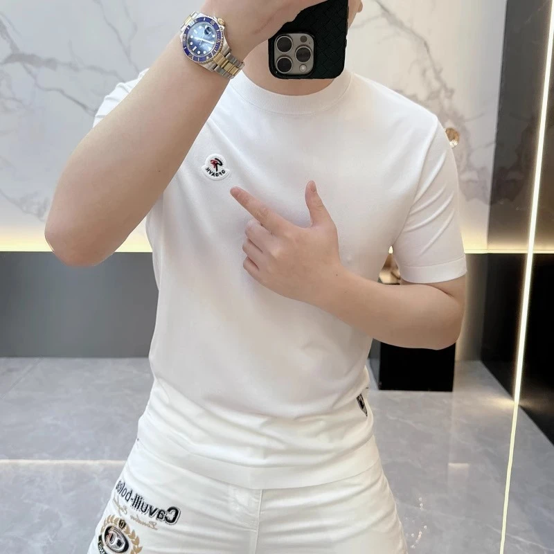 2025欧货轻奢男士针织冰丝短袖T恤印花时尚百搭夏季半袖上衣25296