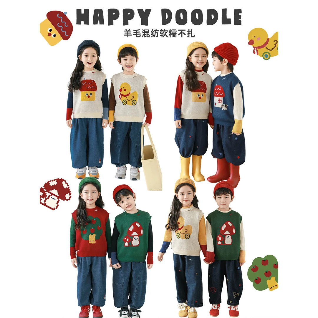 YOEHYAUL/幼悠幼悠【像素卡通】秋贰波混纺五色提花毛衣马甲GQ4443