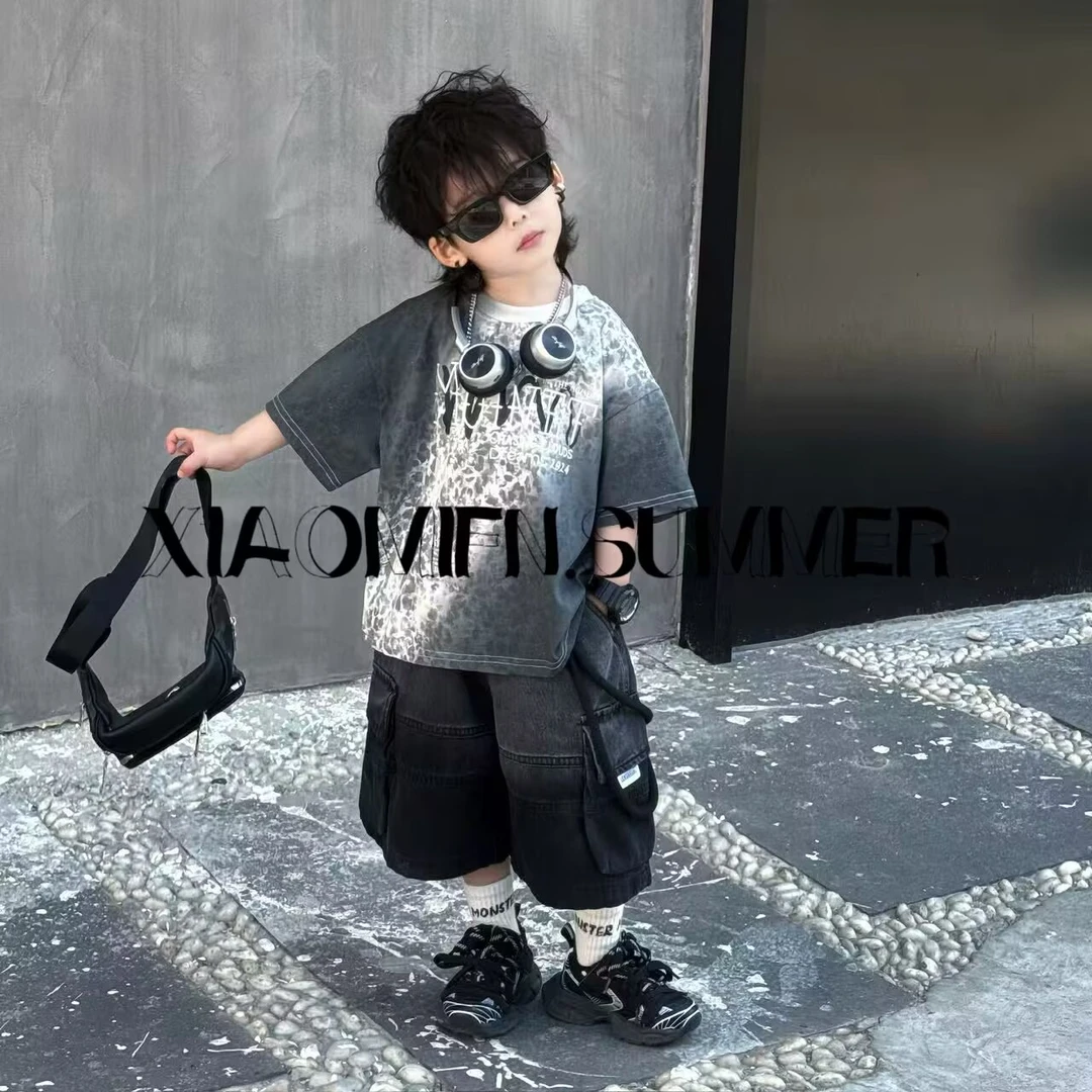 现货〃2025夏季新款韩版豹点短袖T恤童装男童时尚潮酷洋气儿童1367