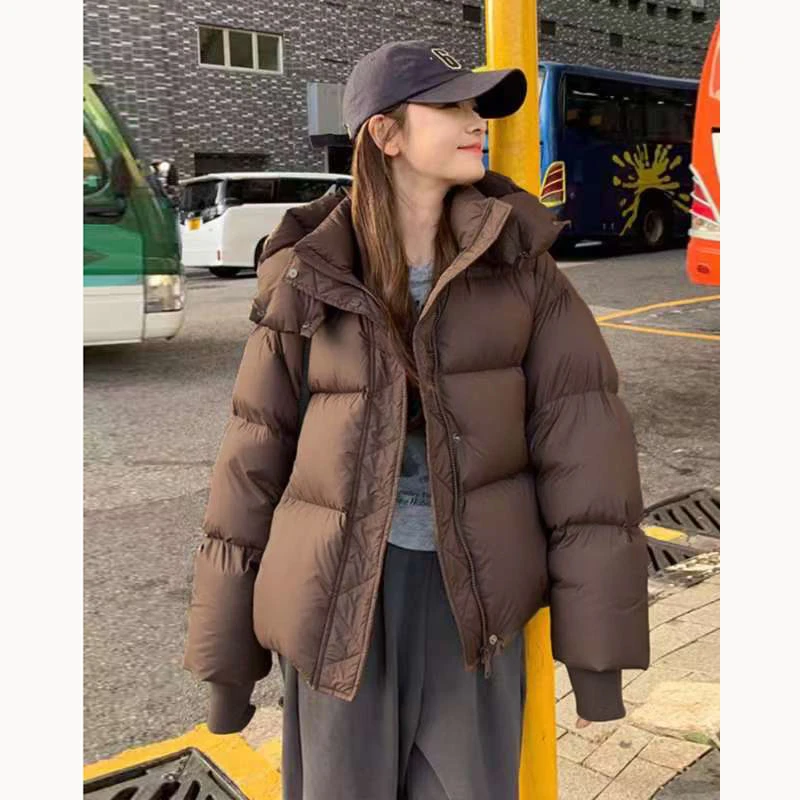 白鸭绒洋气ins短款羽绒服女秋冬加厚连帽面包服小个子外套