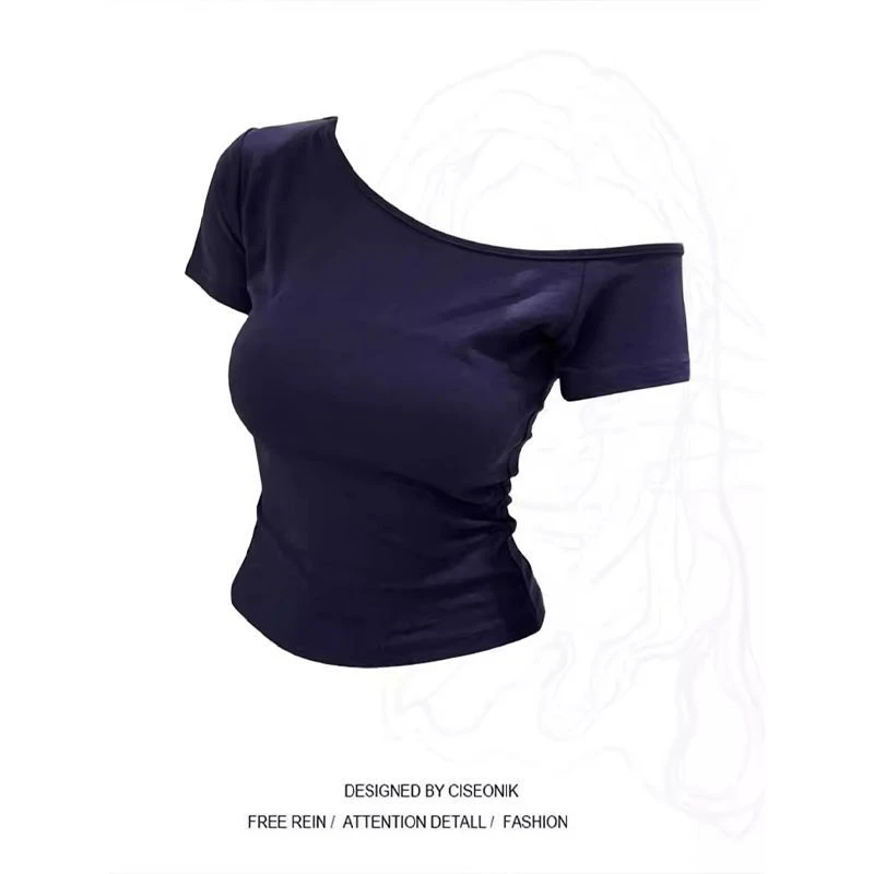 纯色美式辣妹斜肩短袖T恤2025夏季新款修身显瘦短款百搭女款上衣