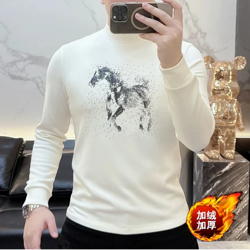 2025秋冬新款欧货时尚重工小马烫钻潮流帅气圆领长袖卫衣T恤男潮