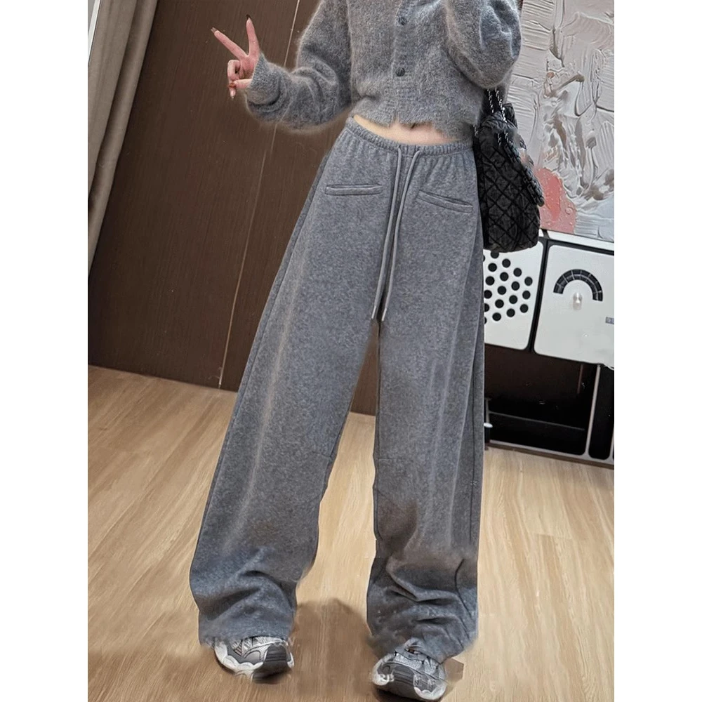 慵懒感百搭灰色松紧腰设计感显瘦休闲卫裤春季新款阔腿运动长裤子