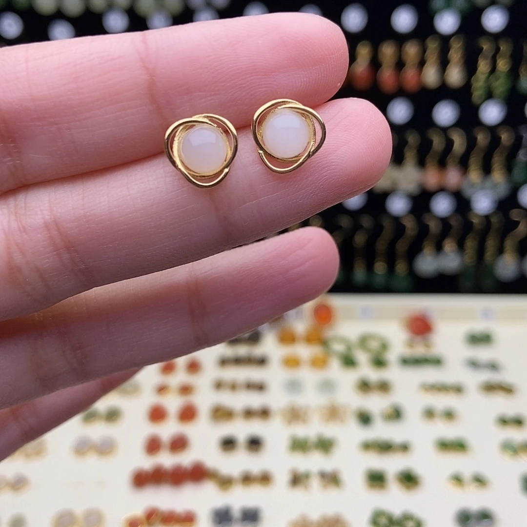 和田玉银S925镀金镶嵌耳饰