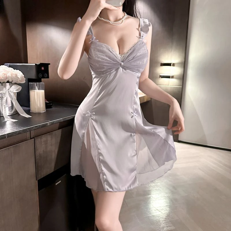 【5G凉感】紫色内衣性感睡衣女冰丝纯欲风蕾丝带胸垫吊带睡裙-207