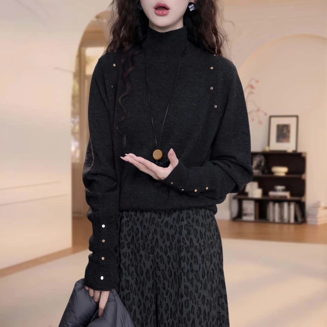 插肩钉珠高领长袖毛衣女2025秋冬季新款圆领休闲百搭慵懒风针织衫