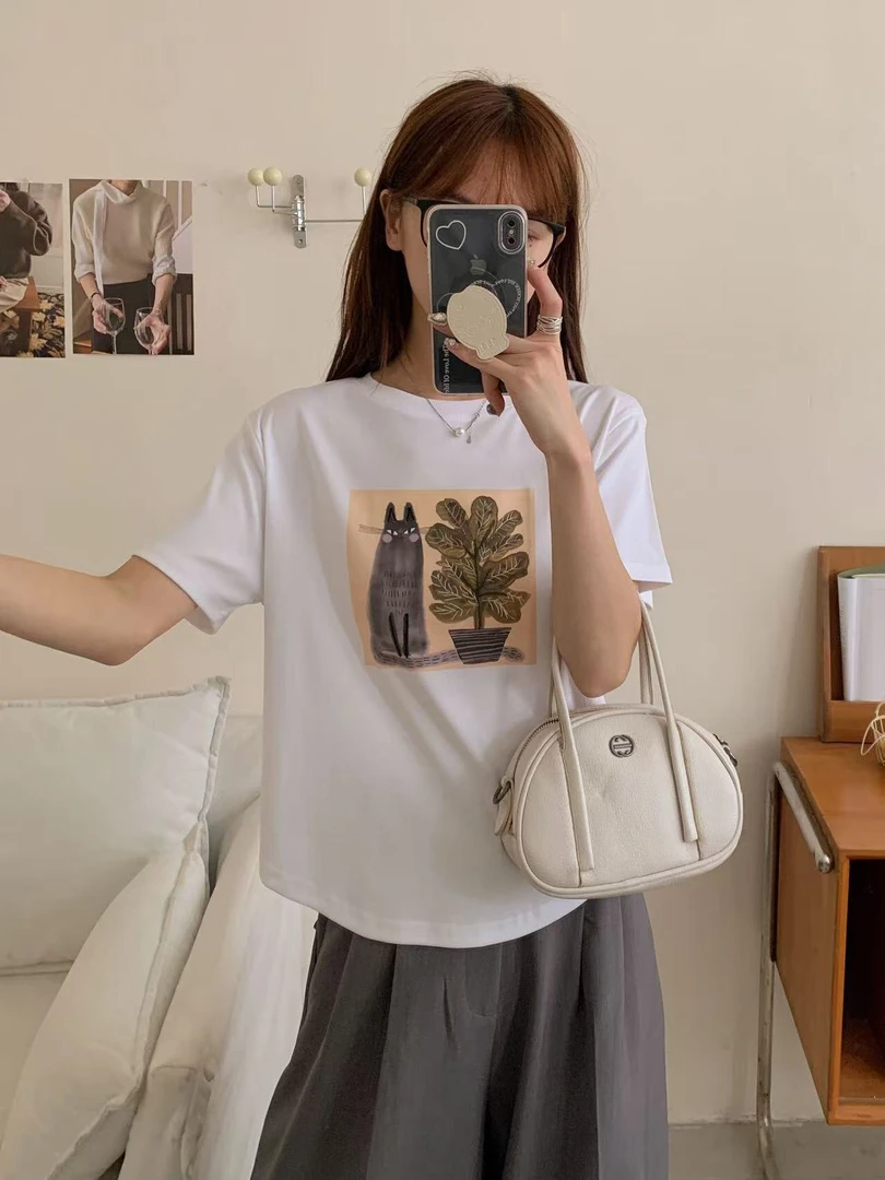 卡通猫咪印花ins洋气韩系小众棉质短袖T恤女夏显瘦收腰上衣小衫潮