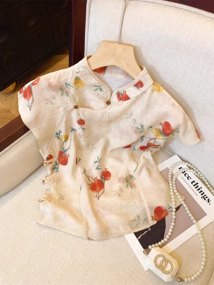 新中式国风盘扣碎花衬衫夏季2025新款改良旗袍短款上衣