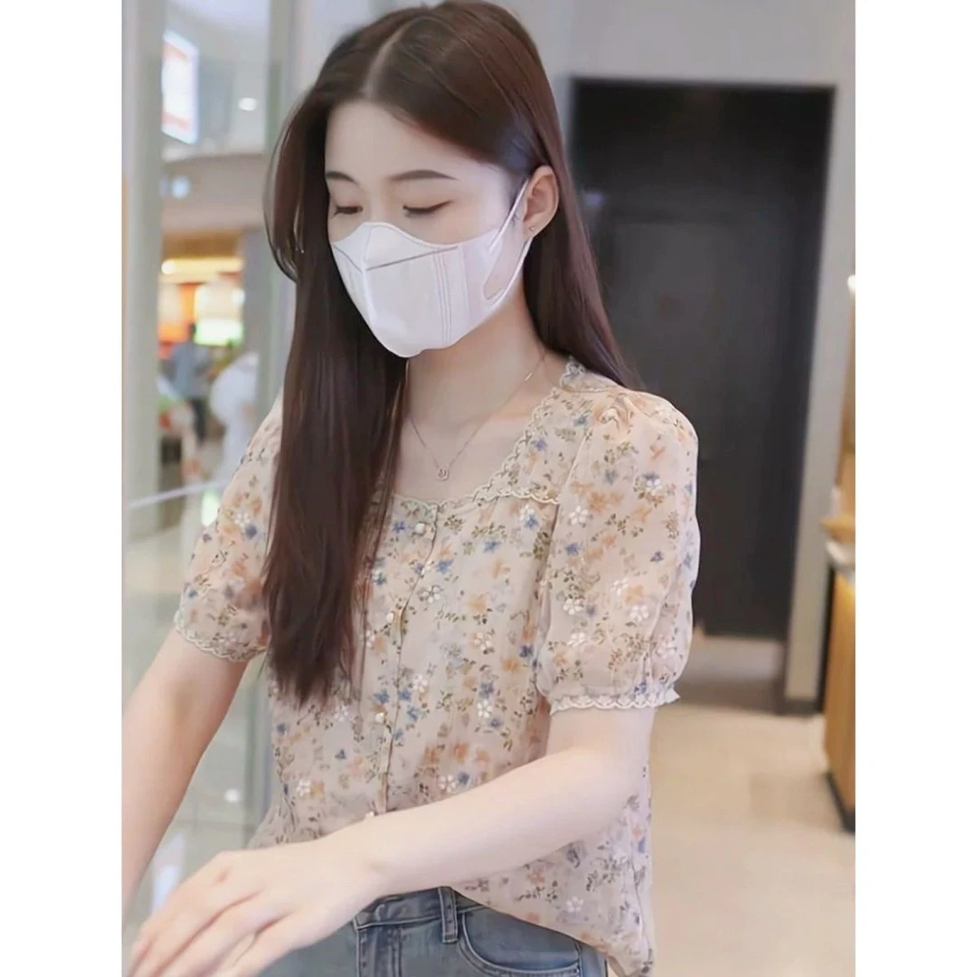 方领碎花短袖雪纺衬衫女2025夏季新款时尚百搭宽松遮肚子防晒上衣