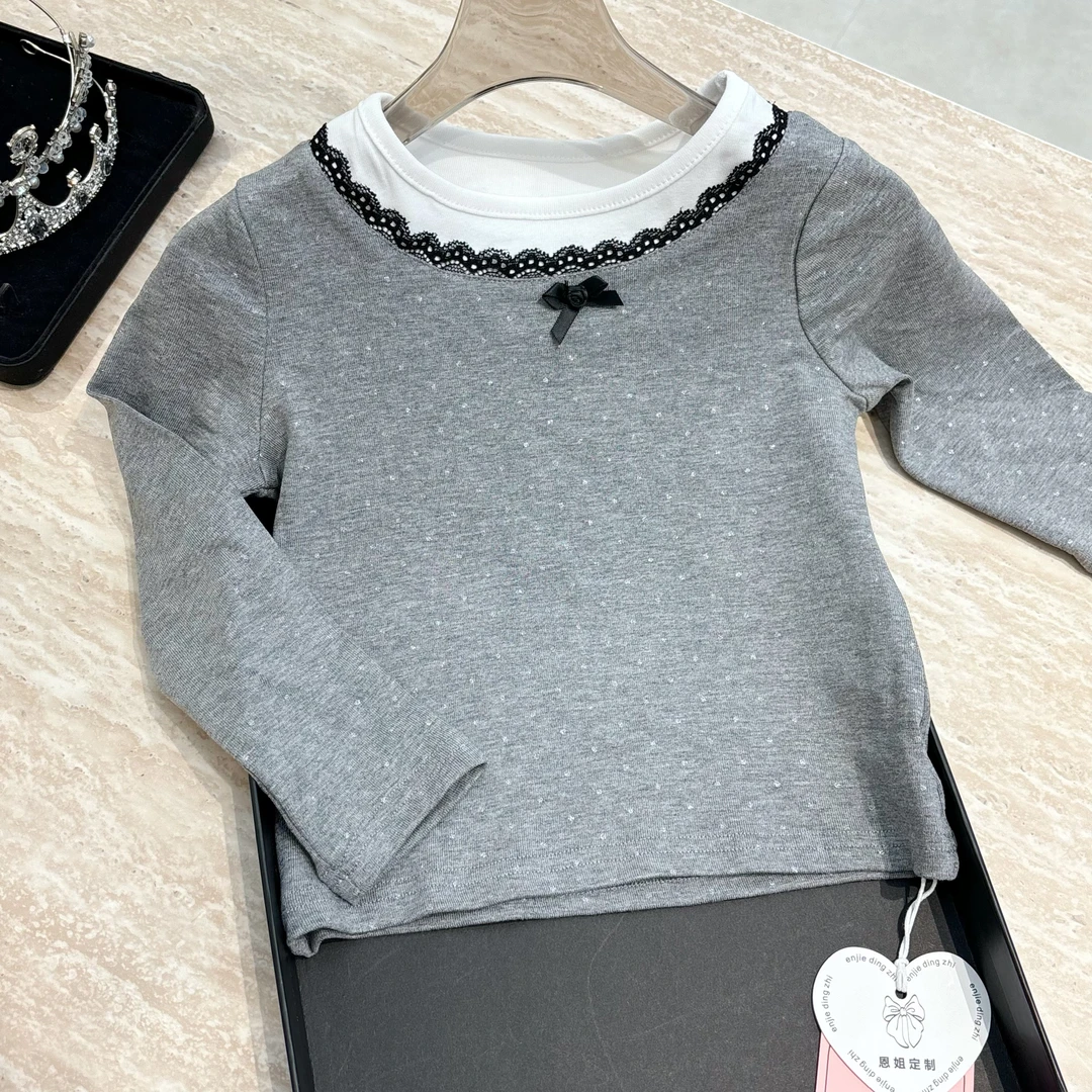 【恩姐定制】春季童装女童时尚百搭领口花边蝴蝶结打底衫ENCK59700