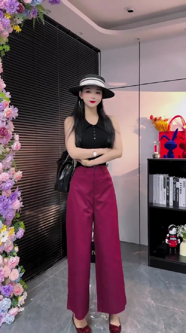 休闲裤夏季流行新款高腰简约时尚气质九分阔腿裤K355