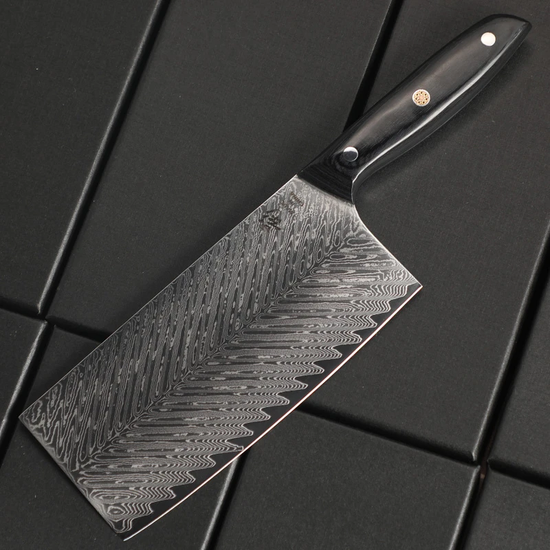 《影》大马士革钢材黑彩木鱼骨纹中式切片高碳钢家用刀