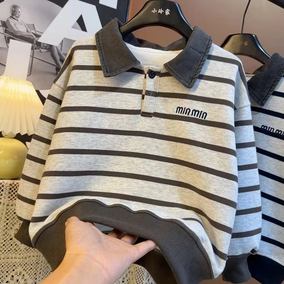2025新款polo衫长袖韩范儿童条纹卫衣中大童秋装打底上衣S9574
