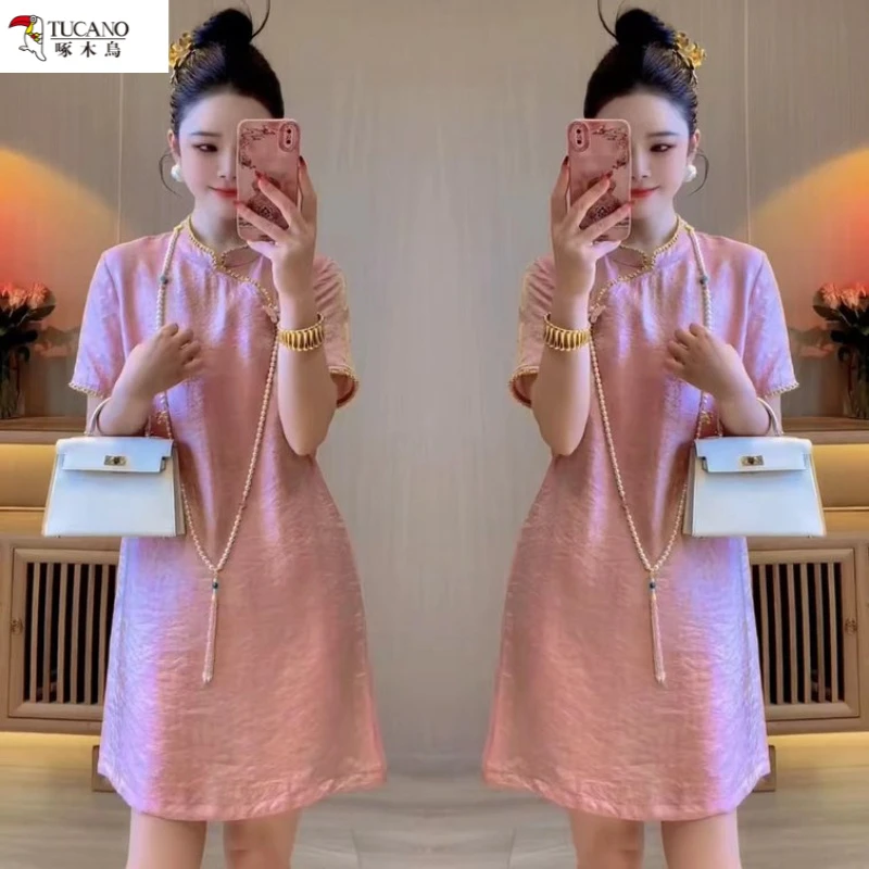 新中式国风复古气质夏季浮光连衣裙高级感宽松裙子鎏金提花显瘦