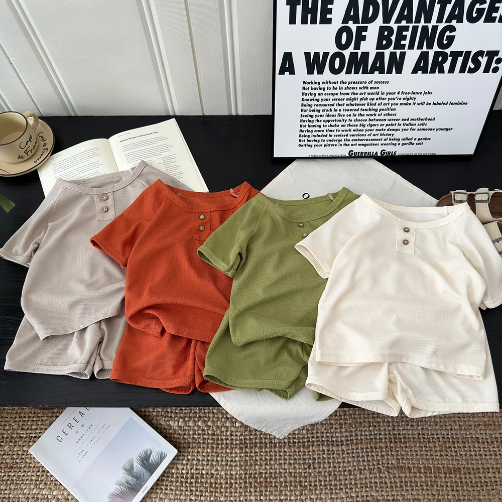 儿童短袖套装夏季男童华夫格短裤宝宝休闲韩版洋气纯色宽松童装