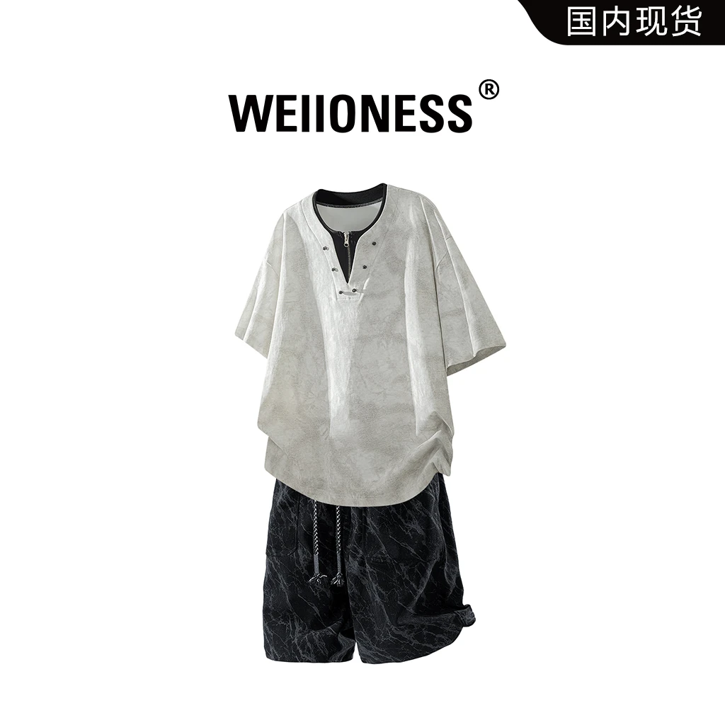 WEIIONESS潮牌扎染短袖套装男生2025夏季宽松两件套轻奢痞帅男装