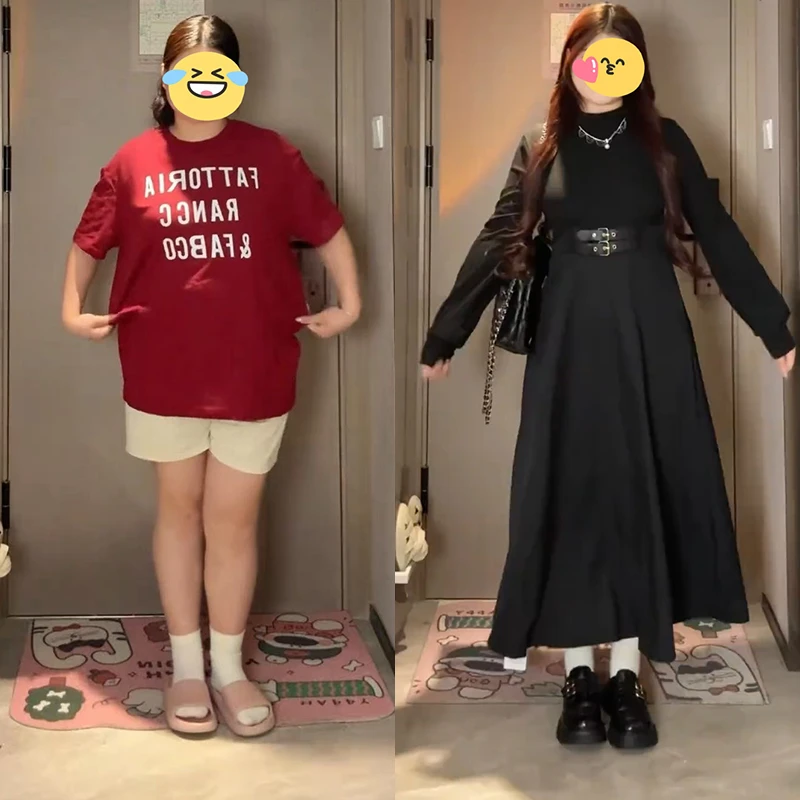 大码胖MM法式复古黑色连衣裙女秋季新款收腰显瘦高级感洋气长裙子