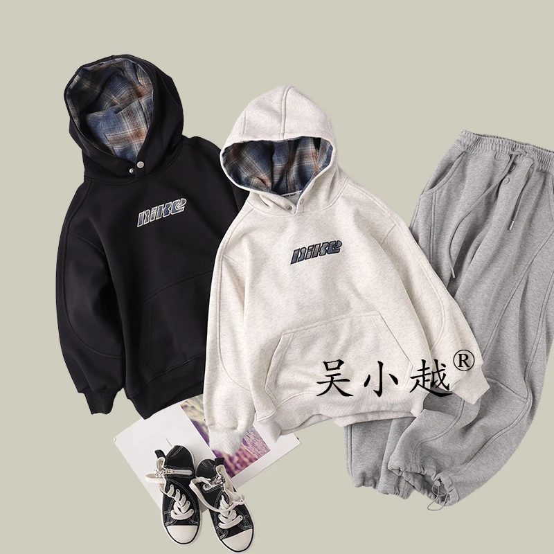 吴小越w1647男童加绒连帽卫衣秋冬新款韩版宽松儿童上衣男孩冬装