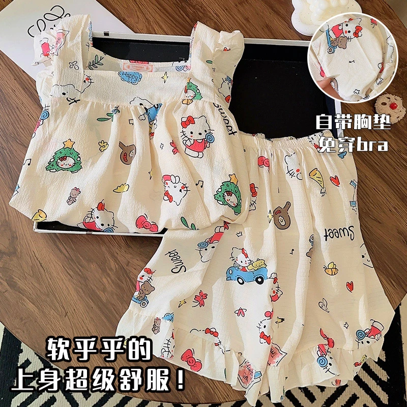 KT猫睡衣女夏季小飞袖带胸垫云朵棉2025新款夏天少女家居服套装