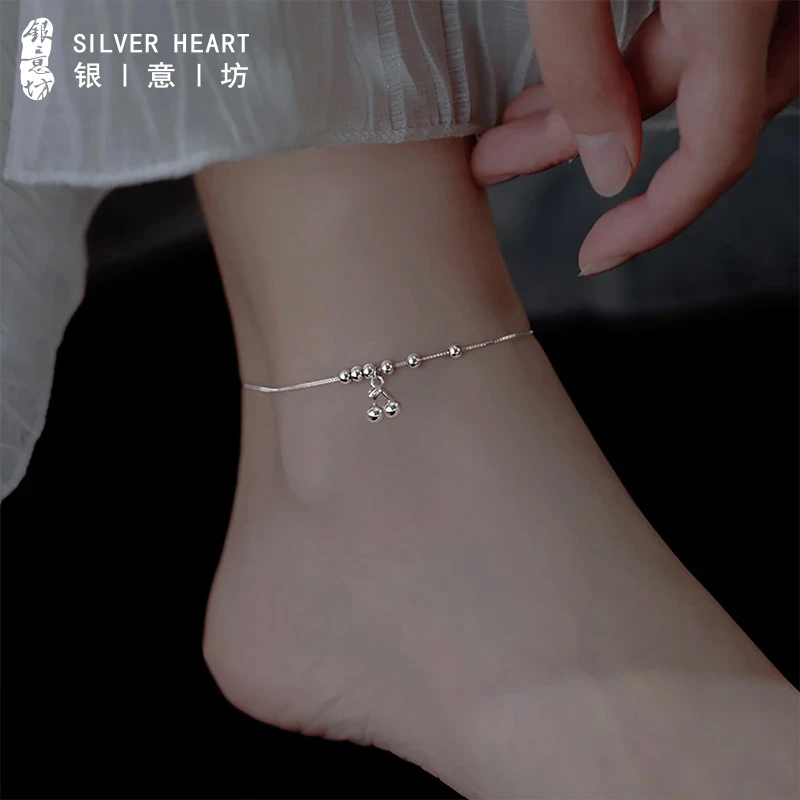 925银脚链 串珠樱桃银脚链女款小众简约百搭脚饰品生日礼物送女友