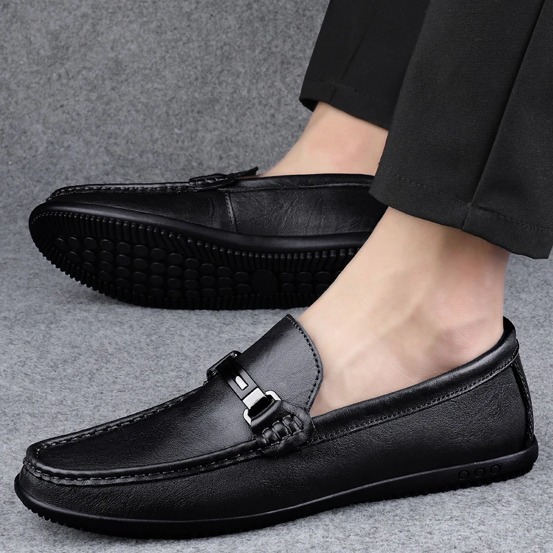 2025秋季新款一脚蹬乐福鞋英伦风商务休闲皮鞋男士真皮牛皮豆豆鞋