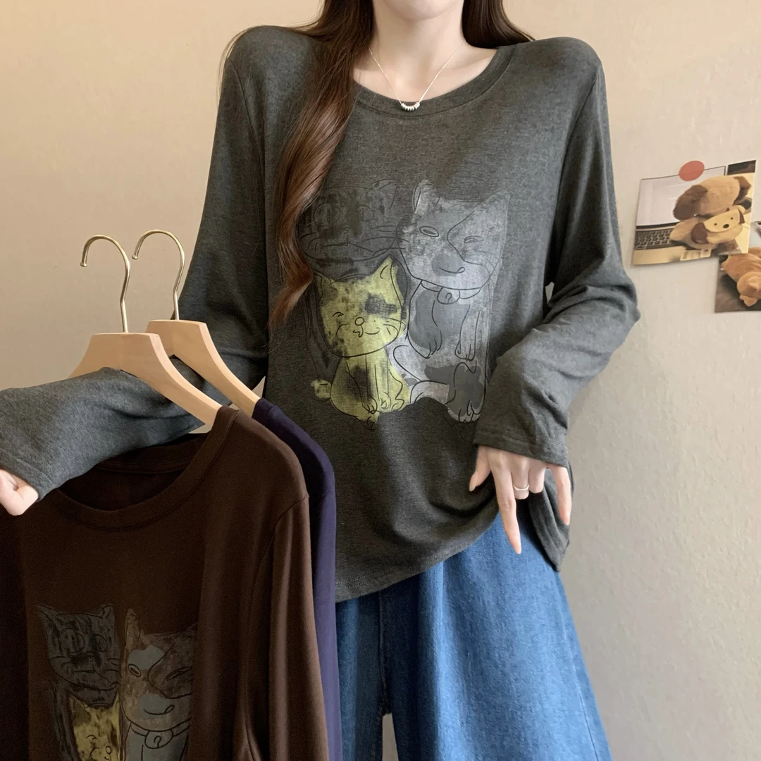 开心喵印花磨毛长袖秋冬保暖上衣软糯亲肤大码女孩显瘦T恤3806