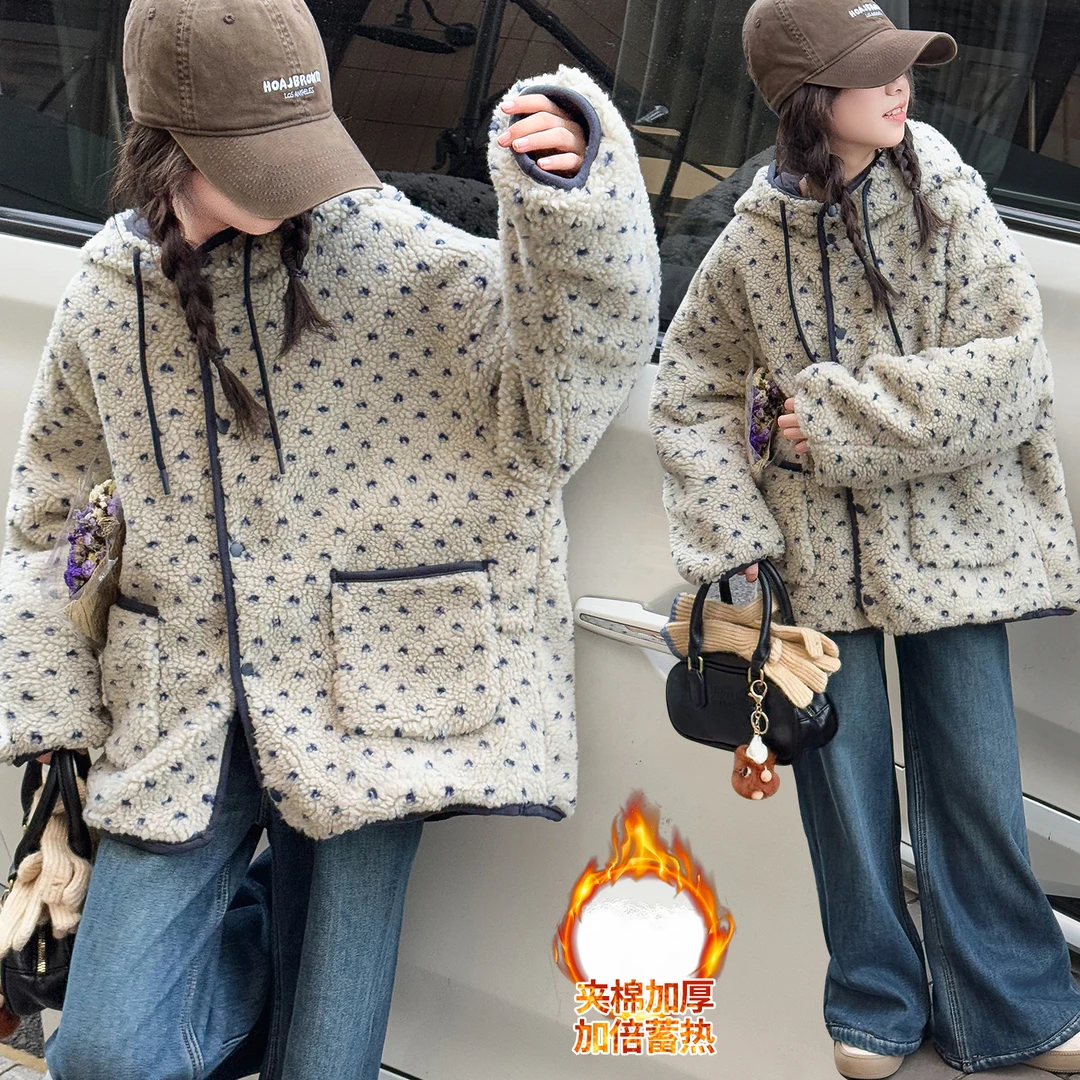 女童秋冬棉毛毛衣外套新款女孩羊羔毛加厚冬季