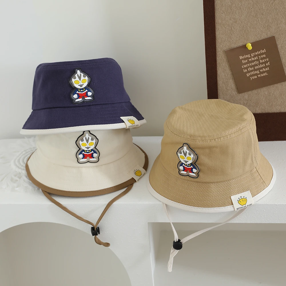 秋季新款儿童防风帽子奥特曼男童平顶渔夫帽春夏季卡通外出防晒帽